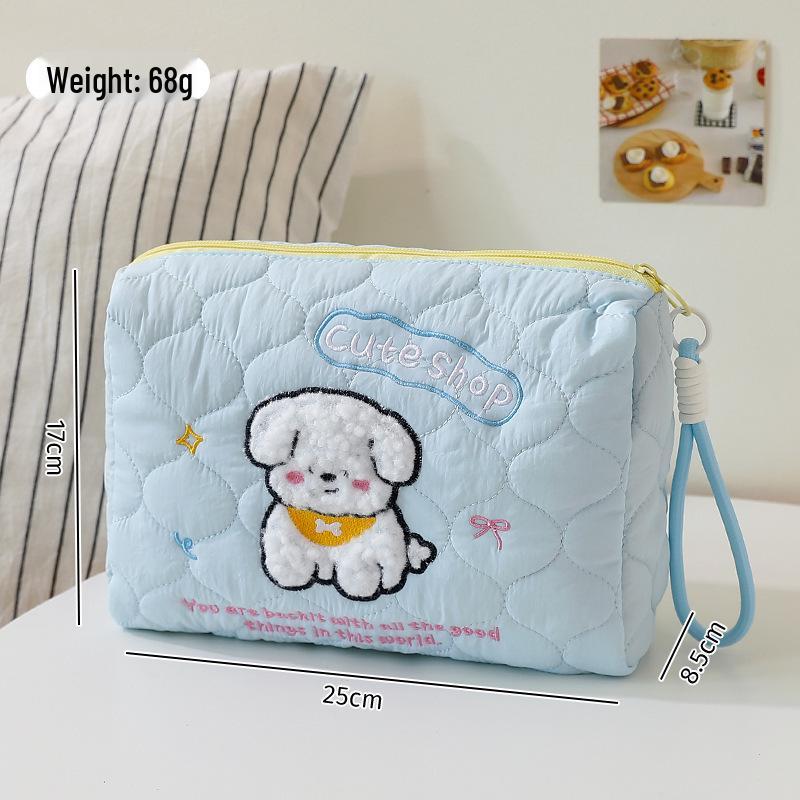Women's Portable Skincare & Makeup Bag: Cute Puppy Design, Large Capacity, Handheld Travel Toiletry Brush Organizer.
