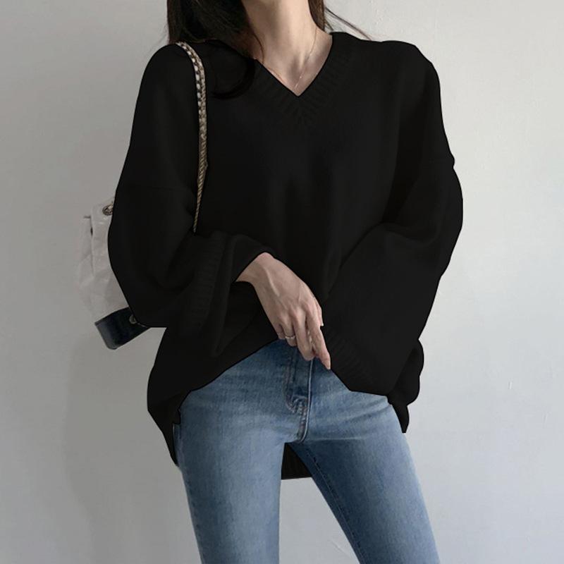 

Корейский трикотаж Взрывной осенний темперамент Тенденция Женский свободный V-образный вырез Пуловер Базовый свитер Женщины One size чёрный