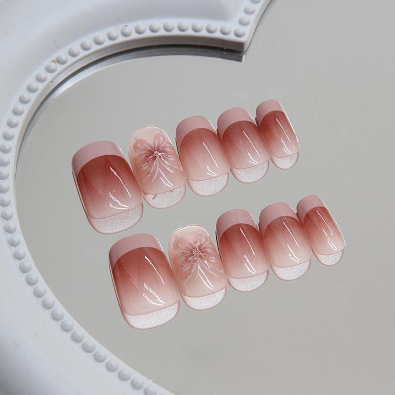 24 Pcs French Wearing Nail Piece Removable Butterfly Nail Patch Small Short T Fresh Nail Piece Gradual Change Nail