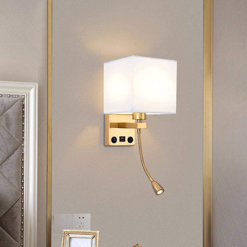 LED Wall Lamp with USB Port Charging Spotlight Fabric Wall Sconce Lighting for Hotel Bedroom Bedside Reading Decor E27