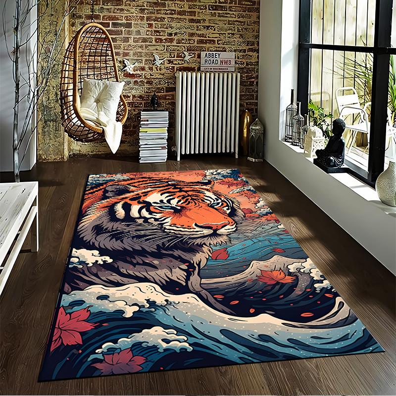 Majestic Tiger Rug in Vibrant Colors Surrounded by Waves Suitable for use as an anti-slip game mat for living room and bedroom sofas