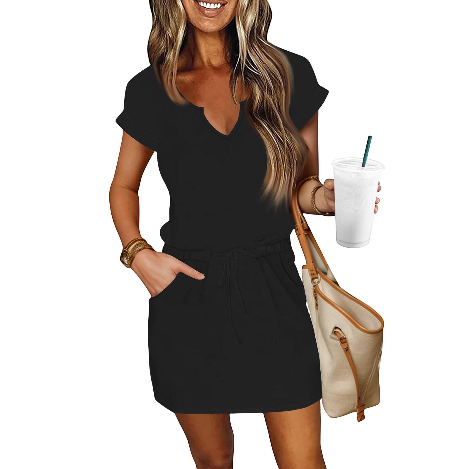 

Women s Summer V-Neck Short Sleeve Drawstring With Pocket Solid Color Casual Dresses L чорний