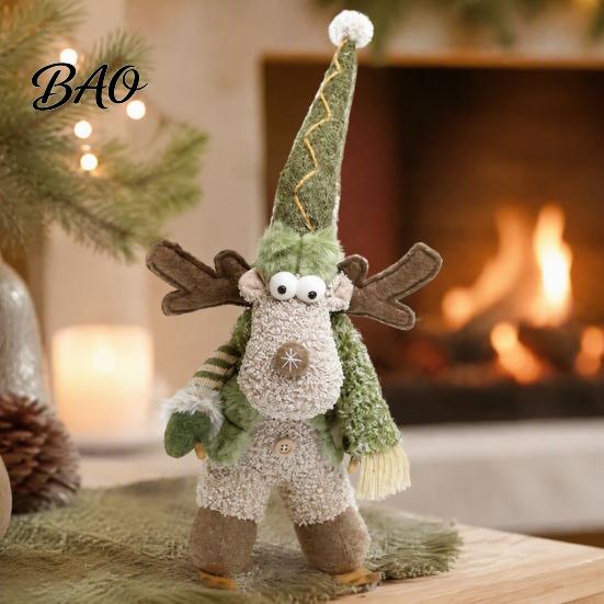Indoor Christmas Party Supplies Green Plush Figurines, Skiing Snowman Reindeer Stuffed Doll, Fabric Commercial Holiday Display Ornaments Xmas Tabletop