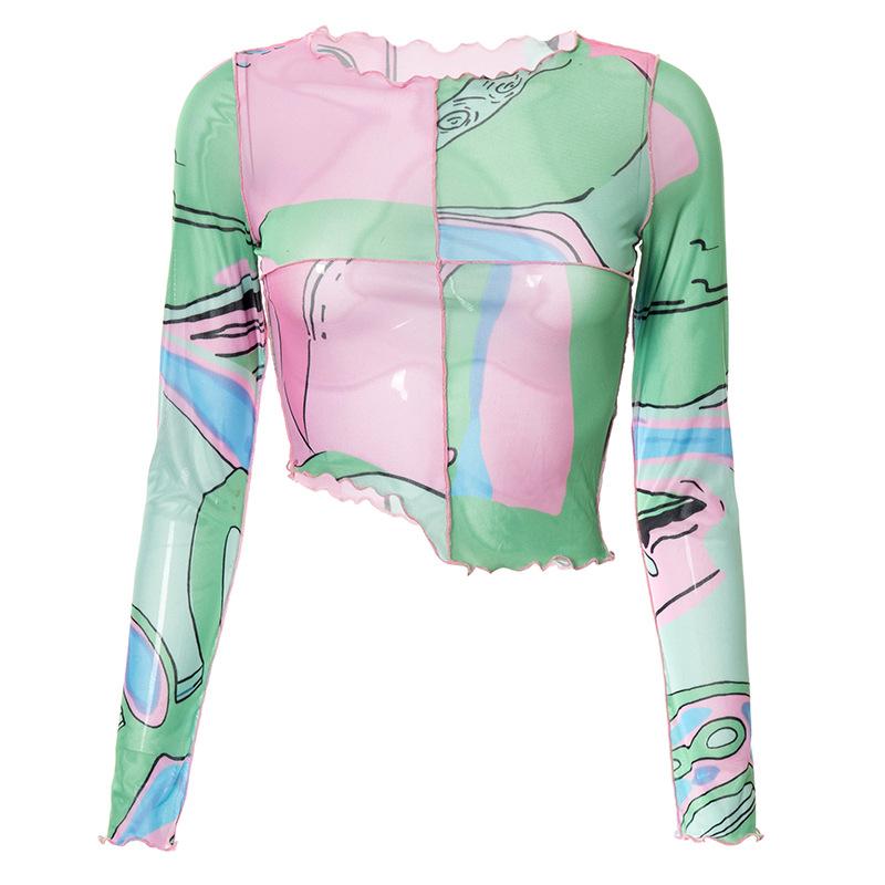 

Сетчатый женский укороченный топ с круглым вырезом и длинными рукавами, нерегулярная футболка, модные повседневные уличные футболки с диким принтом L разноцветный