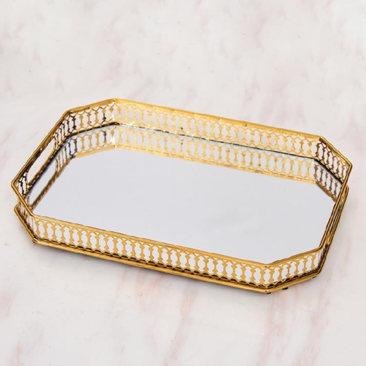 Gold Trimmed Glass Cosmetic Storage Tray Elegant Makeup Perfumes Organizer Metal Construction Display Plate