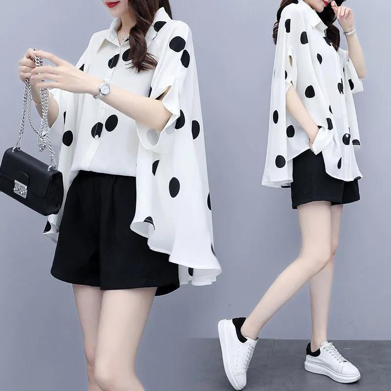 Chiffon Suit, Spring and Summer Style, Polka Dot Fashion, Large Size, Loose, Slimming, Temperament and Style, Two-piece Shorts Set