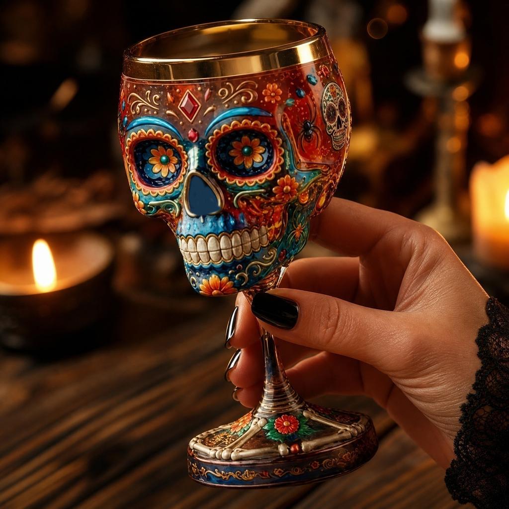 Decorative Gothic Skull Wine Glass with Floral Pattern Suitable for Home Bar Halloween Decoration Unique Stemware Design