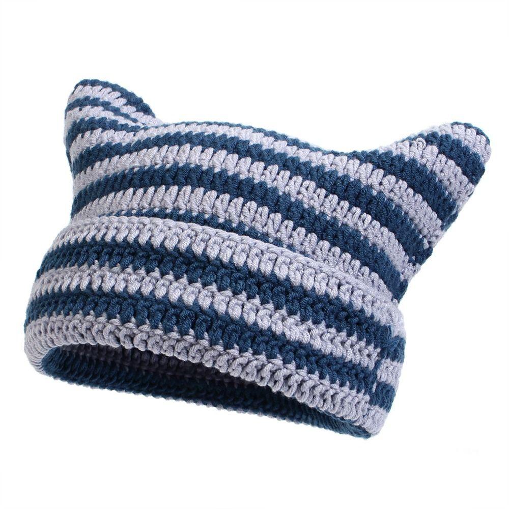 Cute Cat Ears Ins Little Devil Striped Hat Keep Warm Knitted Wool Cap Japanese Beanie Hat  Women