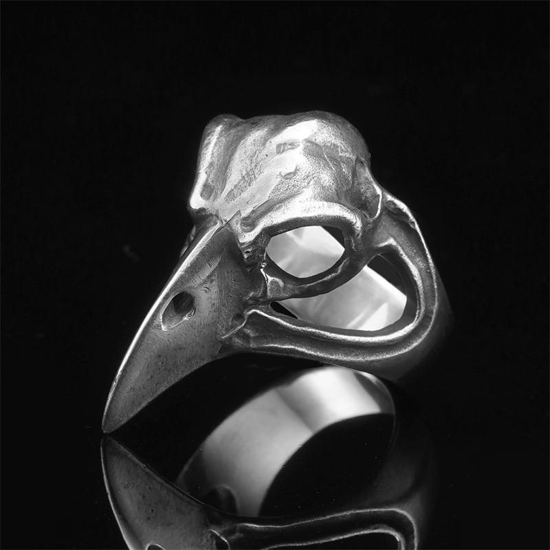Anillo Abierto Ajustable Hombres Mujeres Vintage Punk Calavera Cabeza de Cuervo Pájaro Joyería Gótica de Plata Esterlina
