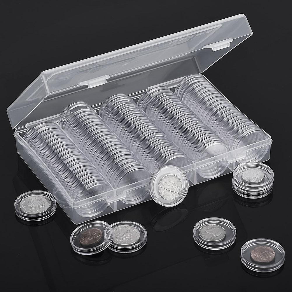 Coin Storage Box Clear Plastic Coin Capsule Storage Box (100pcs) with 25mm Round Holder Protect Your Coin Collection
