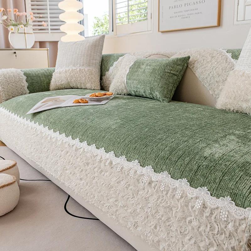 Modern And simple Little Fresh Lace Sofa Cushion Splicing Chenille Four All Season Universal Anti Slip Cushion Lace Sofa Cover 45x45cm pillowcase