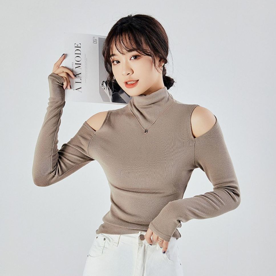 Herbst Neues Modisches Rollkragen Unterhemd Damen Langarm T-Shirt Off-Shoulder Design Top