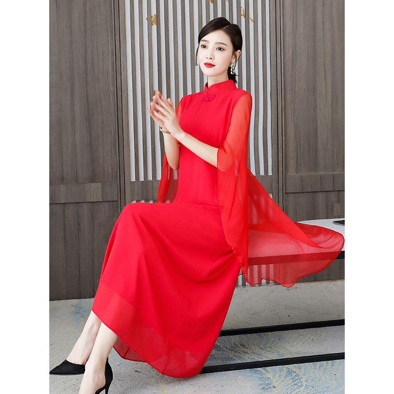 Chinese Style Plus Size Women's Modified Chinese Red Shawl Dress Chorus Host Dance Skirt Evening Dress M-5XL