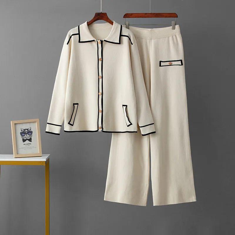 

Cross-Border Temu Autumn and Winter New Woolen Fashion Casual Set Women European and American Polo Collar Sweater Wide Leg Pants Two-piece Set Apricot color One size