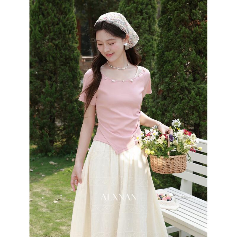 Laxiangnan Pink Fake Two-Piece Short-Sleeve T-Shirt
