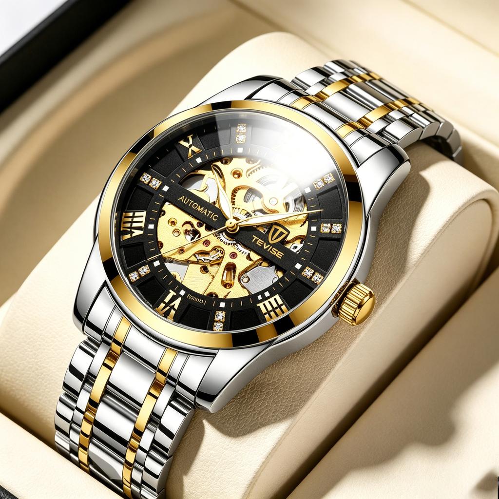 Custom Brand Hollow Dial Automatic Mechanical Watch for Men Stainless Steel Band Crystal Waterproof Wrist Watch Reloj De Lujo