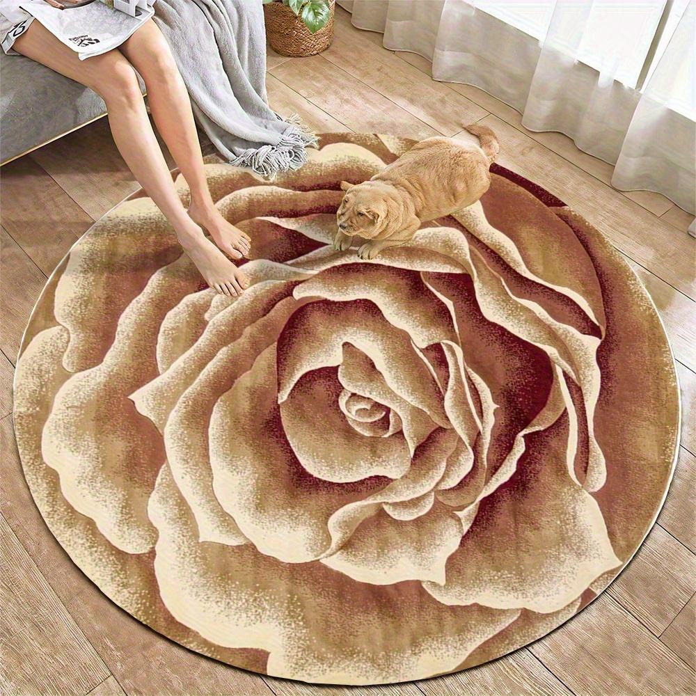 Elegant Rose Floral Round Rug Brown and  Beige Non-Slip Floor Mat Washable 2D Flat Print Area Rug for Living Room Bedroom Decor