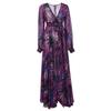 2025 European & American Women's V-Neck Long Dress - Red Leaf Print with Lantern Sleeves