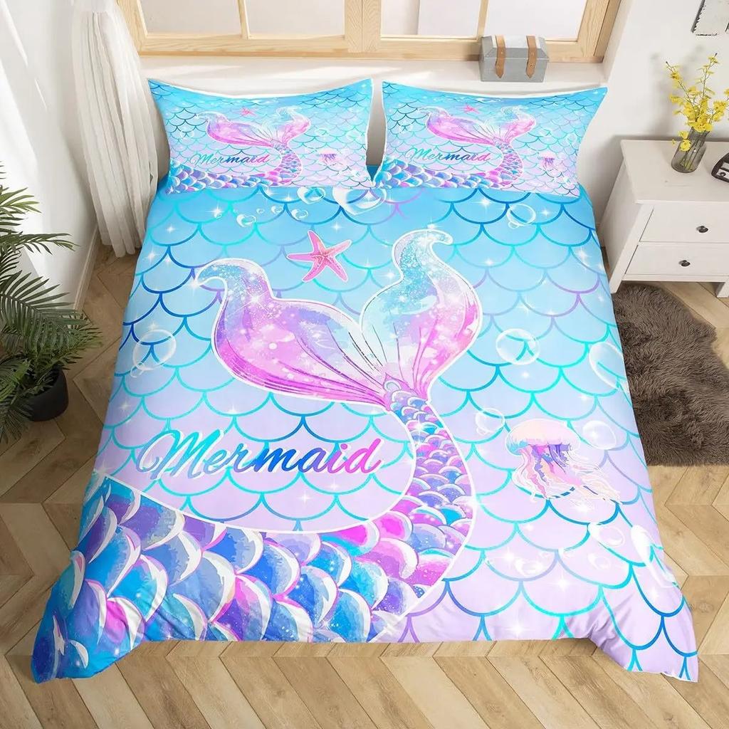 Mermaid Tail Duvet Cover Set, Colorful Scales Ocean Print Bedding, 3D Soft Microfiber Quilt Cover With Pillowcases