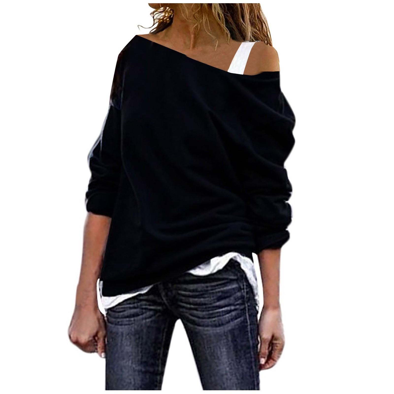 

Top Plus Size Women Long Sleeve V-neck One-shouder Blouse Fashion T-shirt XXXXL чёрный