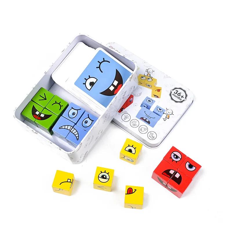 Kid Board Game Fun Challenge Face-changing Building Blocks Cube Parent-child Interactive Game Wooden Educational Toys Gifts