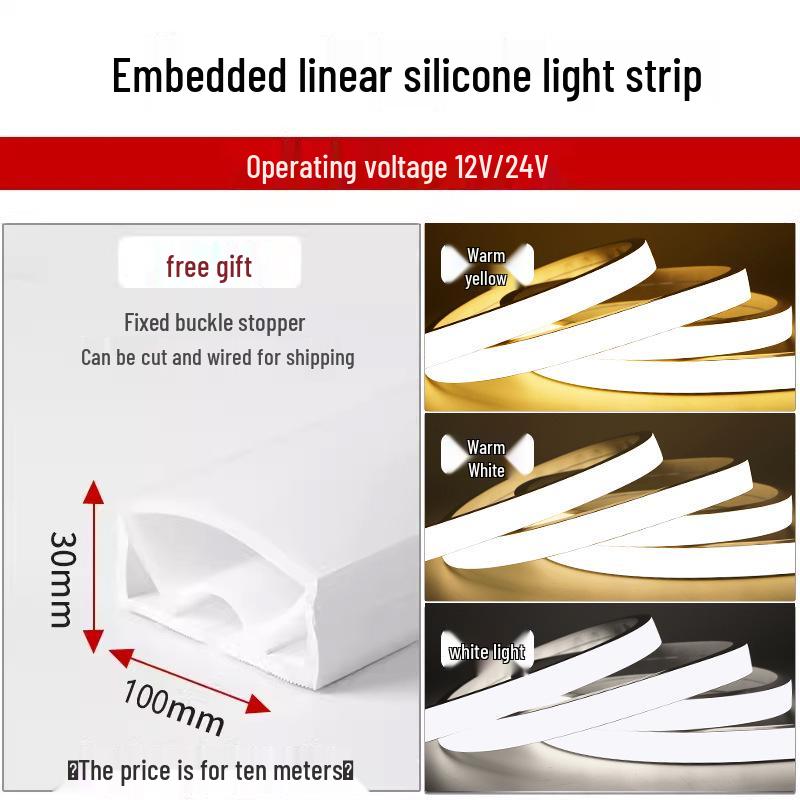 Dimmable Waterproof LED Silicone Strip, 12V-24V, 220V, Self-Adhesive, Embedded Linear Slot