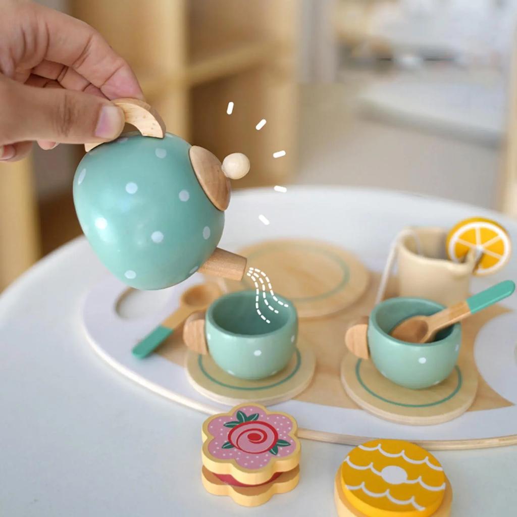 Wooden Tea Party Set for Little Girls Toddler Tea Set Food Pretend Play Accessories Kitchen Playset Wooden Toys for Kids Gift