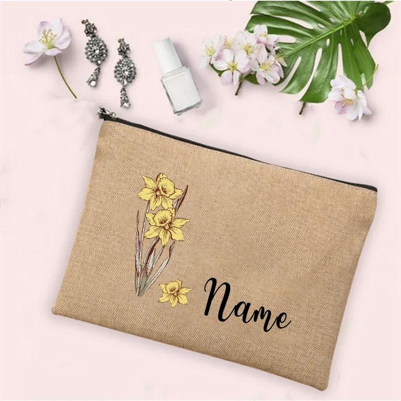 Personalized Customization Birth Month Date Flower Makeup Bag Women Travel Makeup Zipper Handbag Toilet Toiletries Wallet