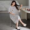 1011 New Nightdress with Chest Pad Women's Summer Pure Cotton Short-sleeved Thin Striped Medium and Long Pajamas Loungewear Skirt