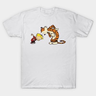 Men Black Print T-shirt Happy 8 Calvin And Hobbes No-Cut Transfer Paper Print Cotton Tshirt