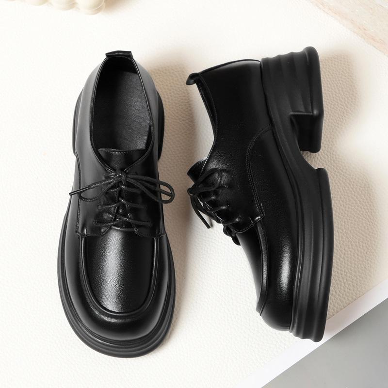 British loafers women's new spring single shoes platform work shoes thick heel lace-up small leather shoes