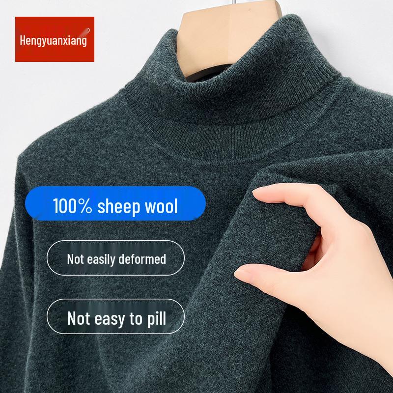 Hengyuanxiang Men's 100% Pure Wool Pullover, Round Neck, Thickened Winter Sweater for Middle-Aged Dads.