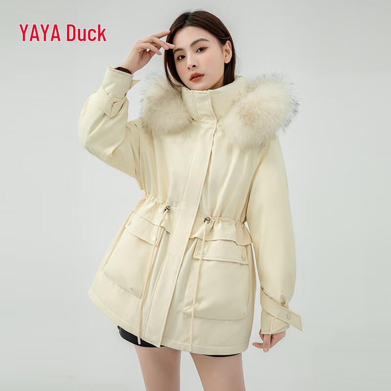 YAYA 2024 Women s Mid-Length Down Jacket with Fur Collar Hood M