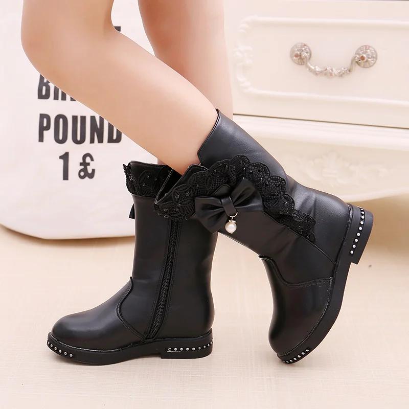 Baby Girls Comfortable Casual Plus Velvet Bow Beaded Lace Warm ZIP Autumn/winter Round Head Daily Kids Mid-calf Children's Boots