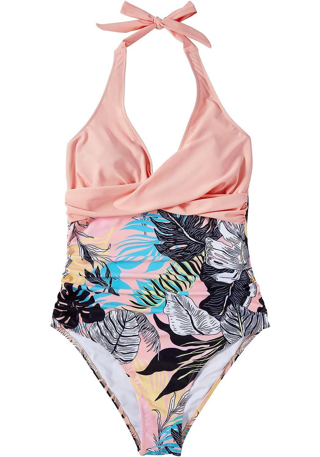 2026 Multicolor Print Backless Halter Tie Women s One-Piece Swimsuit S