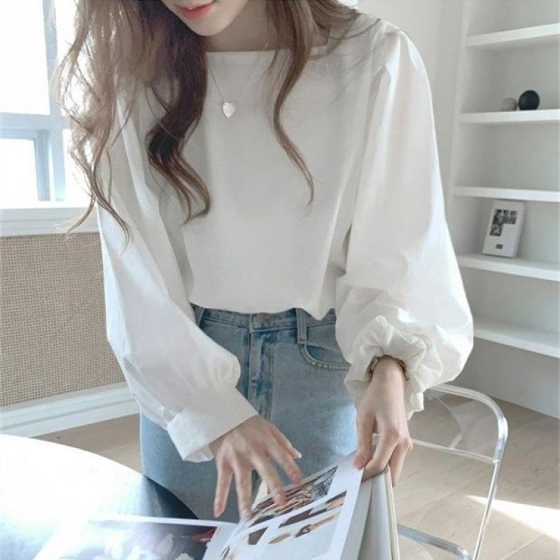 1116 Shirt Women's Korean Version of Simple Niche Temperament Horn Sleeve Shirt French Square Collar Loose Solid Color Inner Top