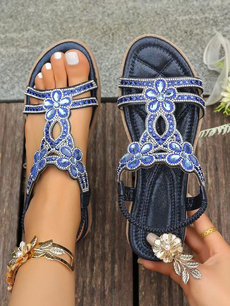 Summer New Flat Bottom Large Size Rhinestone Flower Elastic Fish Mouth Sandals Women
