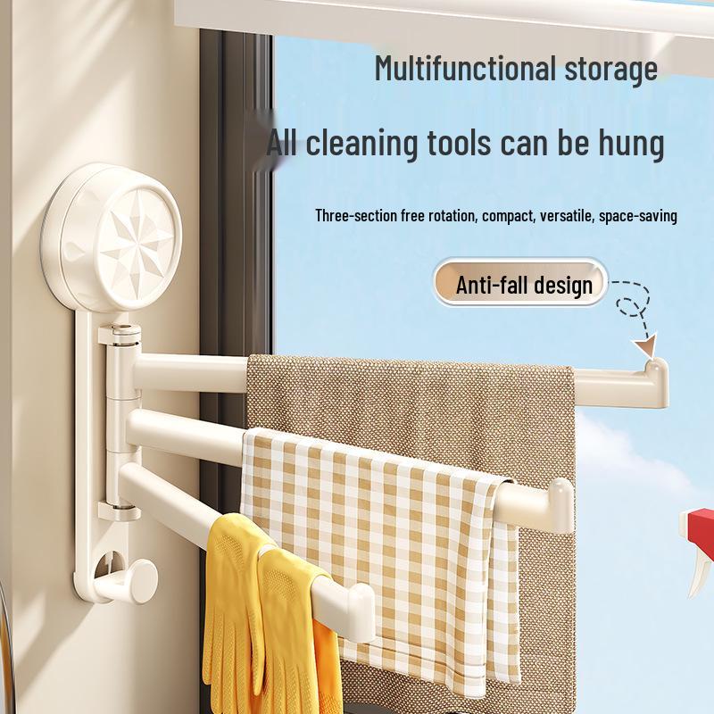 High-End No-Drill Rotating Multi-Rod Suction Cup Towel Rack with Folding Storage