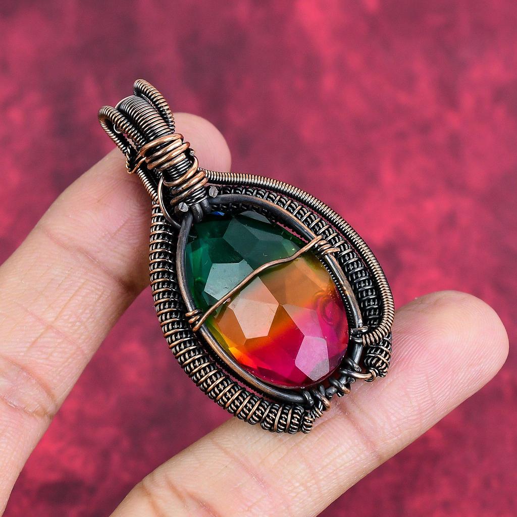 Faceted multi tourmaline pendant copper wire wrapped jewelry real gemstone pendant handmade pendant gift for her copper wire wrapped pendant