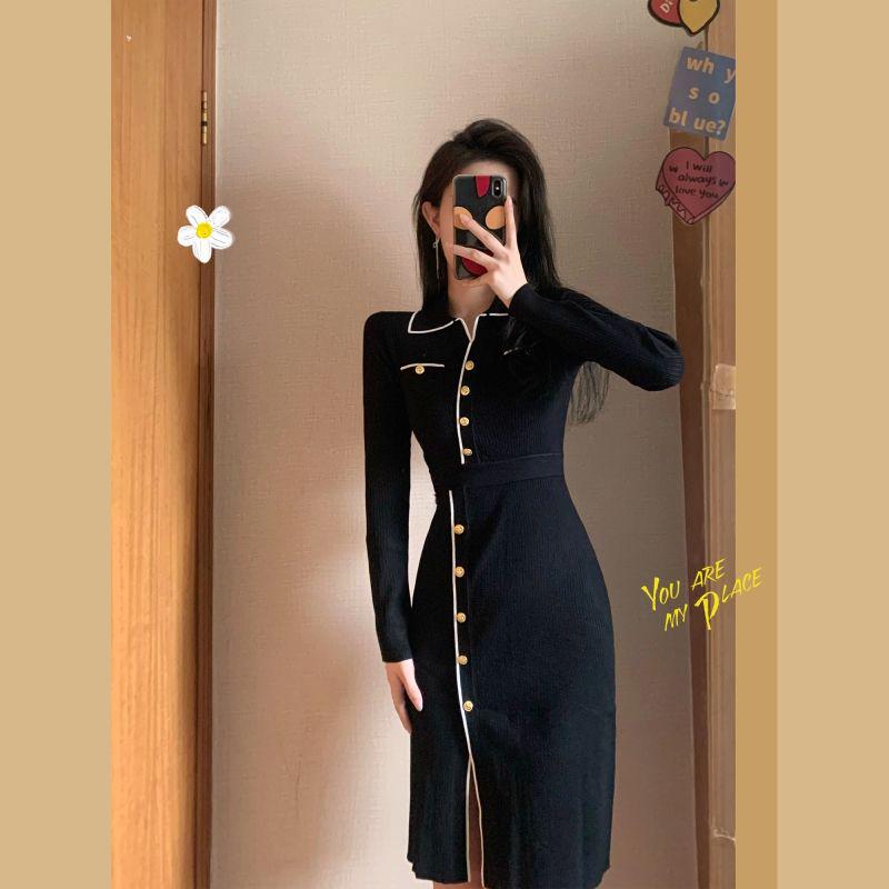 2025 Autumn/Winter French Chic Elegant Slimming Knit Dress S (85-95 jin) чёрный