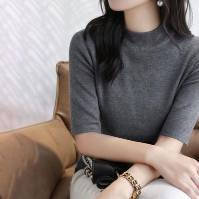 Women Sweater Half High Collar Half Sleeve Knitting Tops Solid Color Slim