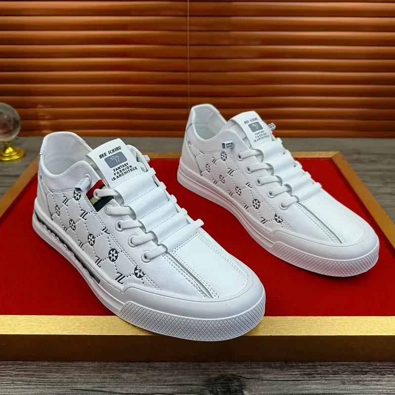 European New Shoes for Men Genuine Leather Casual Shoes Trend Print Flats Skateboard Shoes Youth Street Sneakers