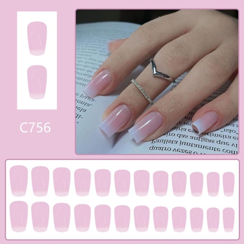 24 Stück Press-On-Nägel Rosa Weiß Vollabdeckung Falsche Nägel Mittel-Lang Quadratisch Künstliche Nägel für Damen und Mädchen