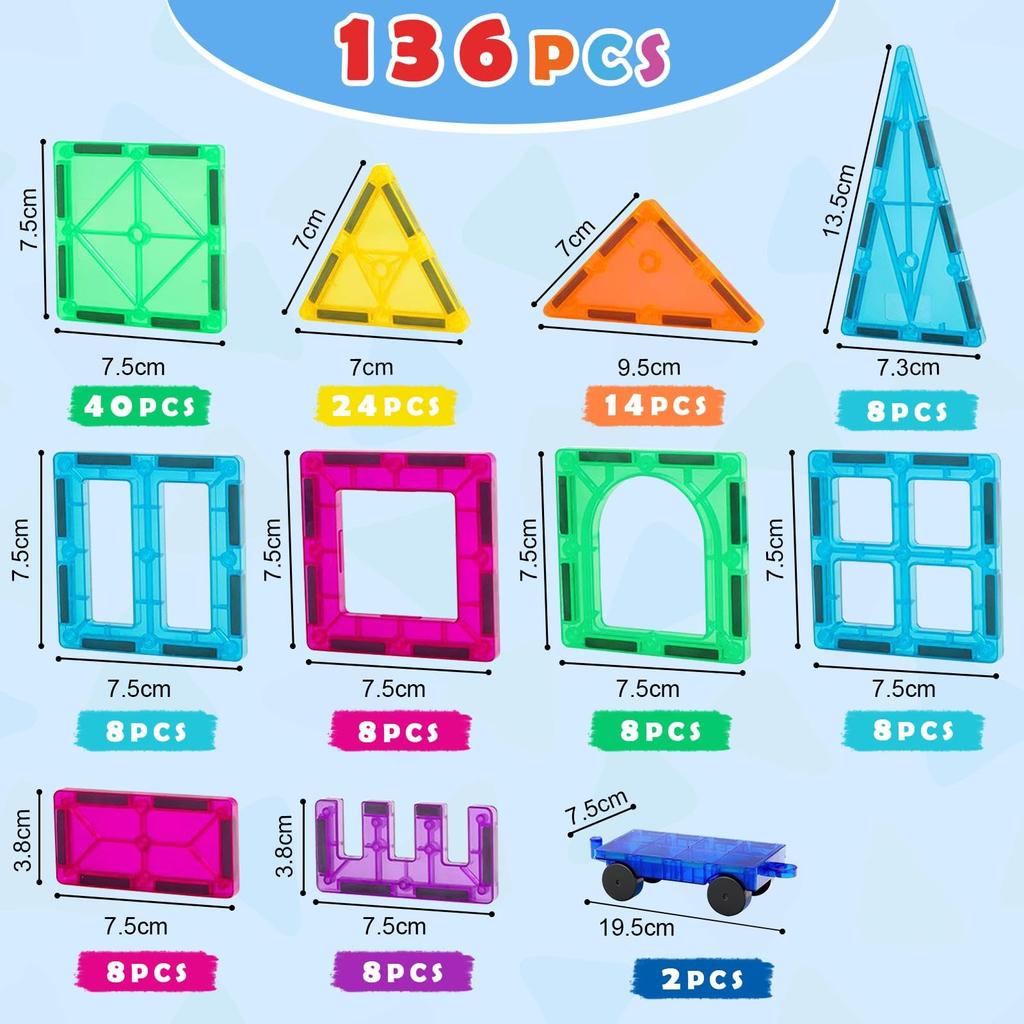 Gemmicc 136PCS Magnetic Tiles Building Blocks for Kids STEM Approved Educational Toys Magnetic Puzzle Building Blocks for Boys Girls Comes with 2 Cars