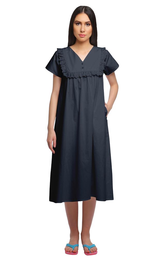 Moomaya Solid Short Sleeve Nightdress For Ladies Button Placket Nightwear