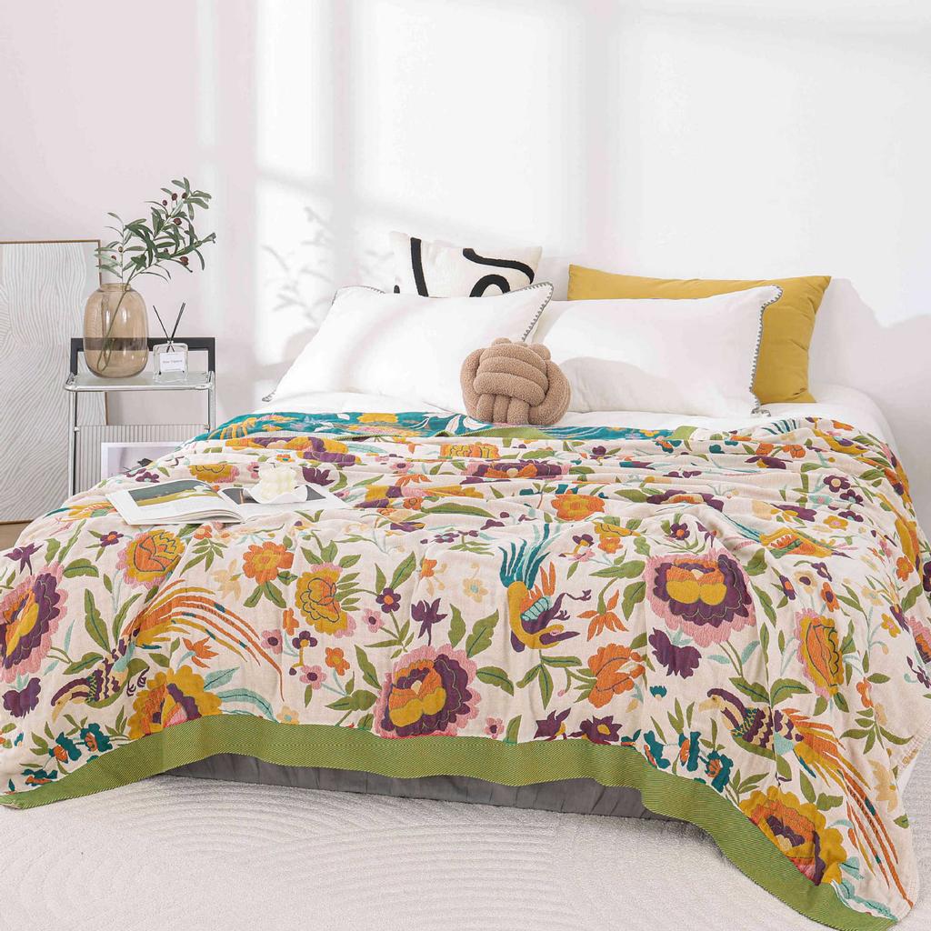 Floral Birds Cotton Towel Blanket, Bedspread For Bed, Sofa, Picnic, Travel, Yarn Dyed Jacquard, Mechanical Wash, 17 Styles