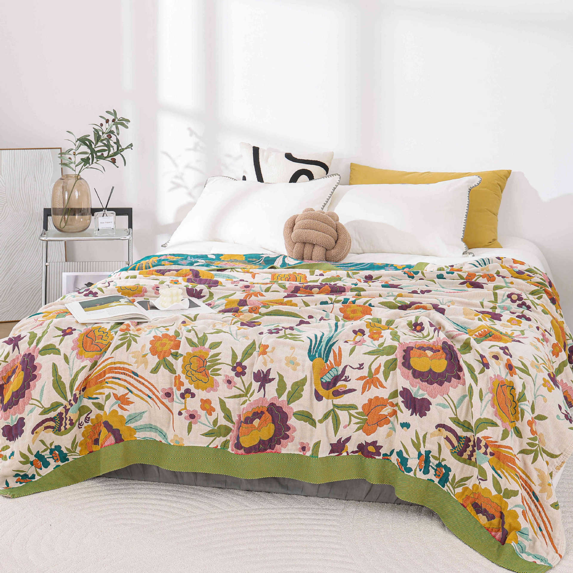 Floral Birds Cotton Towel Blanket, Bedspread