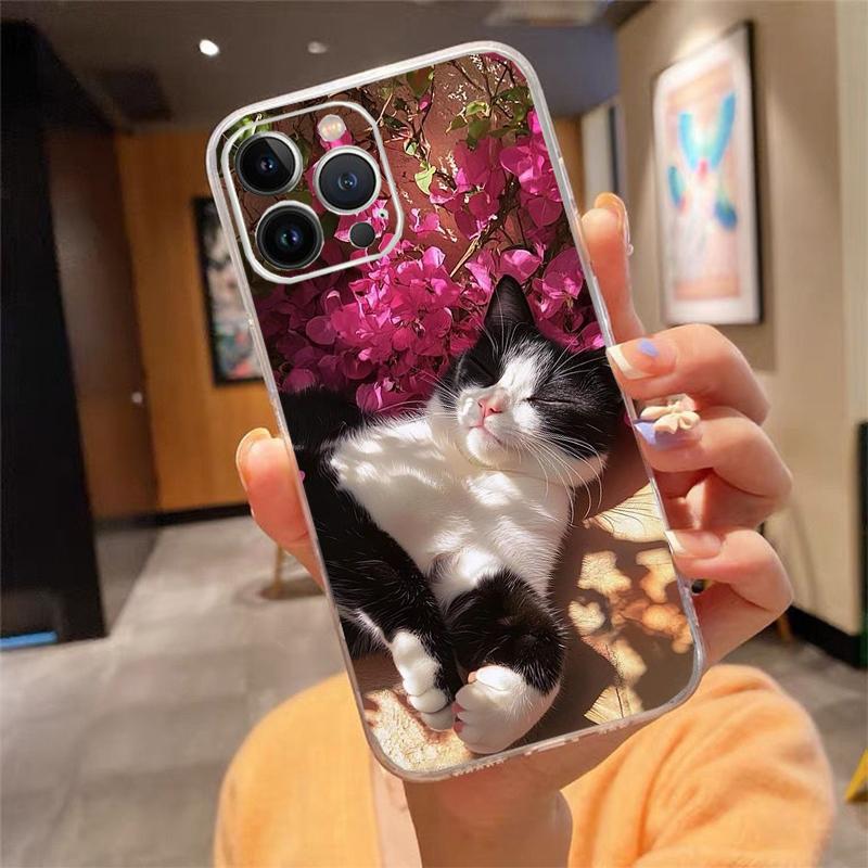 Phone Case For iPhone 17 Pro Max Air 16 15 14 13 Pro Max 15 16 Pro 15Plus Flower Cat Silicone Cover