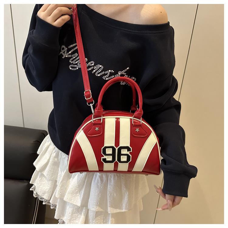 New Japanese Style Faux Leather Boston Bag for Women, Trendy Handheld Shoulder Crossbody Purse, Racing Style Bowling Handbag CLE