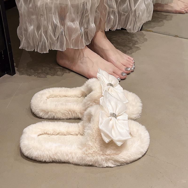 Bow-tie Fluffy Slippers Women's Indoor 2025 Autumn and Winter Large Size Soft Bottom Plush Office Home Flat Cotton Slippers